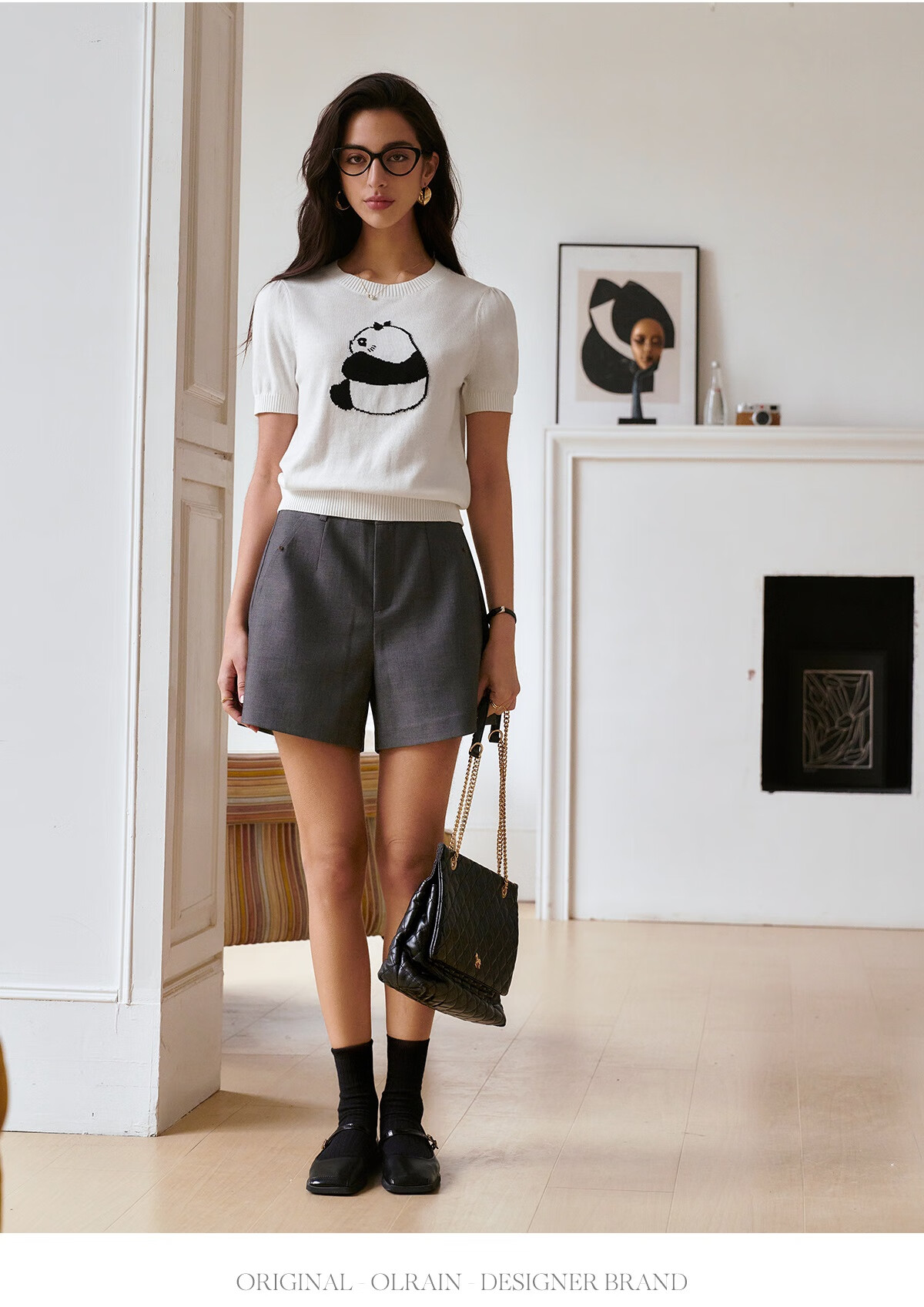 Oulain Elegant Short-Sleeve Knit Top for Women, Spring And Summer Fun Panda Pullover Sweater, Light Gray, L 16