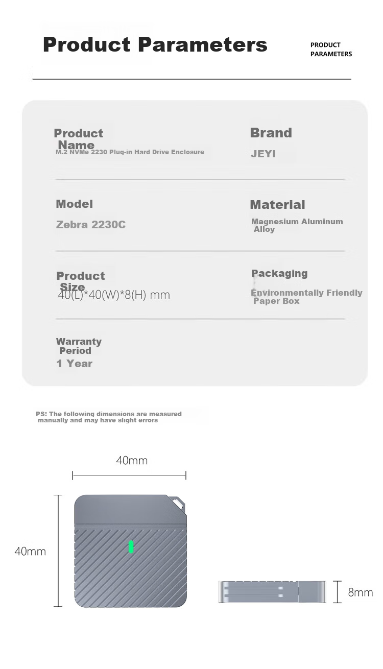 JEYI Direct-Insert M.2 NVMe SSD Enclosure, Type-C 3.2 Gen2 10Gbps, All-Aluminum Alloy Shell, Compatible with Laptops/PCs, Supports 2230 9