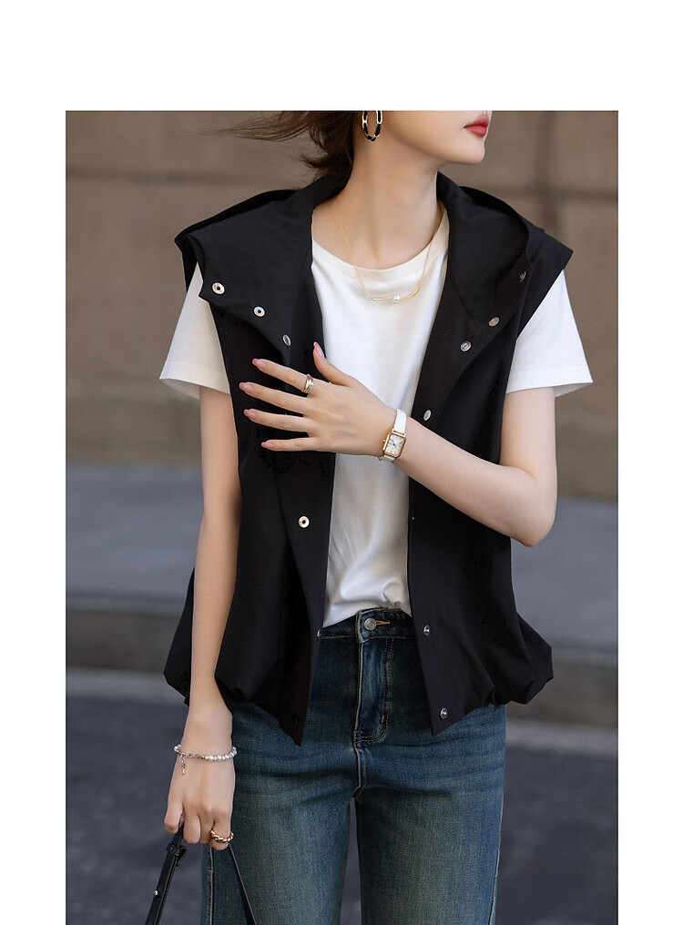 Dme [Minimalist Return] Autumn Simple Style Commuter Hooded Sleeveless Four-Button Casual Jacket Women's Outerwear 4