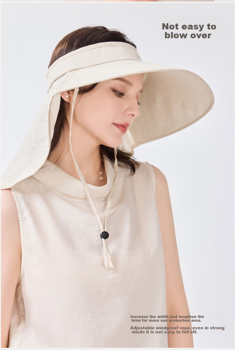 JIUMU Linen Sun Protection Hat, Women's Sun Hat, Sun Visor, Open Top Hat, Summer Face-Covering Neck Protection UV-Resistant Hat 5