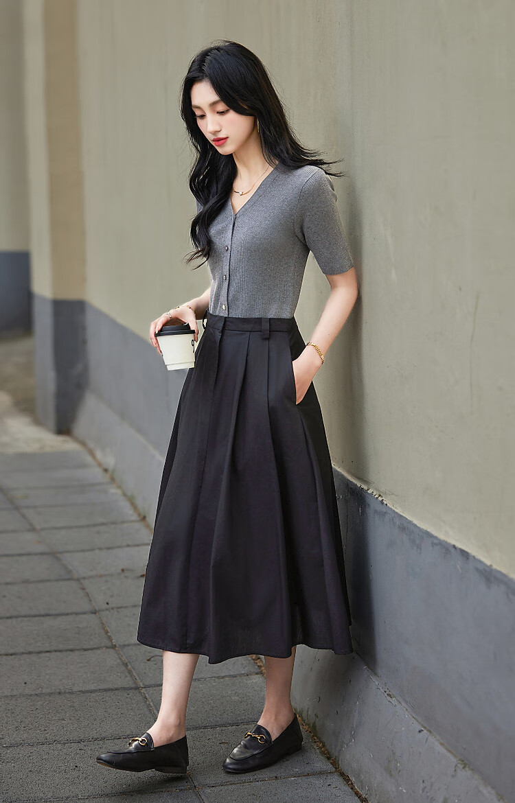 Dme [Containing Wool] Spring Elegant Faux Two-Piece Spliced V-Neck Short-Sleeve A-Line Bodycon Elegant Women's Dress 8