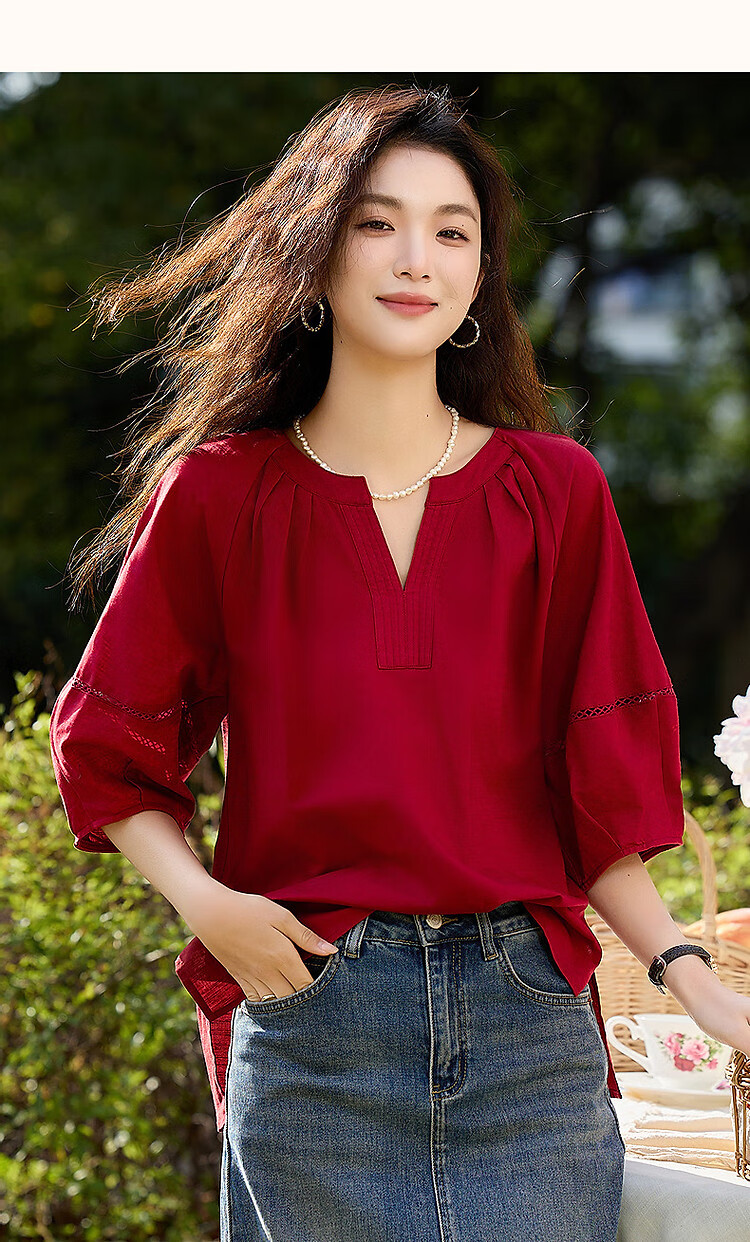 Demana Little Rose Summer V-Neck Cotton Linen Blend Shirt with Puff Sleeves and Side Slits Women's Top 10