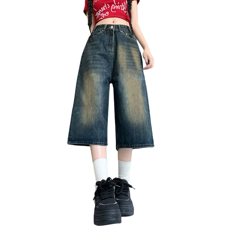 LangSha Women's 7/8 Length Denim Jeans Summer 2025 New Retro High-Waist Slimming Loose Wide-Leg Pants