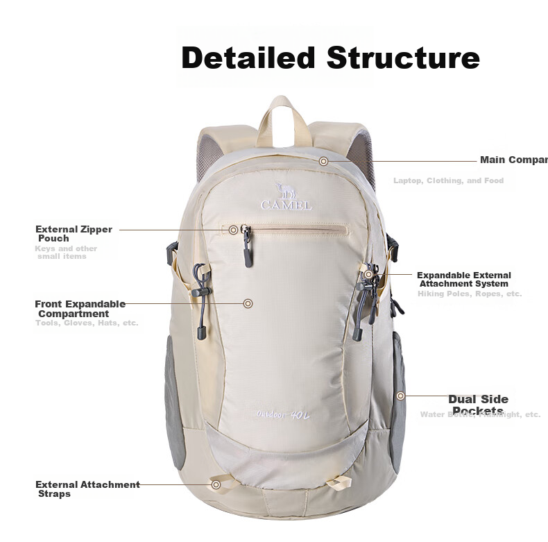 CAMEL Outdoor Sports Backpack for Men And Women, Hiking Travel Casual Waterproof Rucksack A1W3AZ104A Light Khaki 12