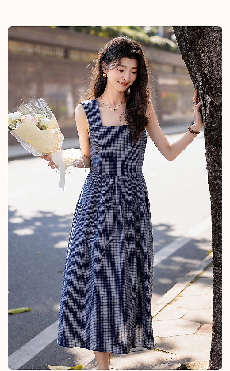 Dme [Japanese-Style Light-Colored Outfit] Summer Cloud Cotton Square Neck Plaid Spaghetti Strap Sleeveless A-Line Patchwork Long Dress for Wome 2