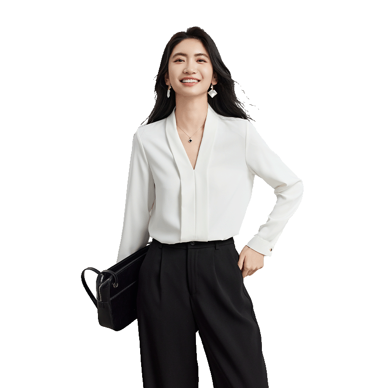 Bodexiaojie White V-Neck Blouse, Professional Women's Suit Inner Wear, Formal Attire for Interviews And Daily Commuting, Chiffon Blouse, Size M