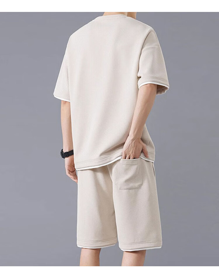 JEEP SPIRIT Men's Summer Waffle Short Sleeve T-Shirt and Shorts Set Casual Sports Two-Piece Suit Off-White L 7