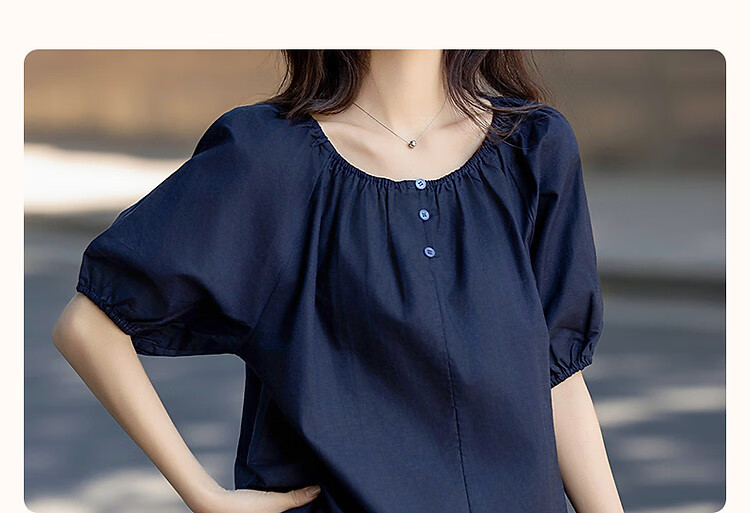 Dme [Elastic One-Shoulder Round Neck Two-Way Wear] Summer Lightweight Linen Cotton Blend Blouse Elegant Shirt Women's Top 4