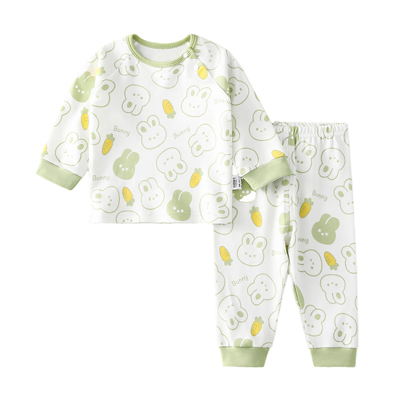 DUOXILUK Children's Outfit Set, Four Seasons Baby Home Wear Pajamas, Cartoon Long-Sleeve for Young Children, Light Green Carrot Rabbit, Size 100