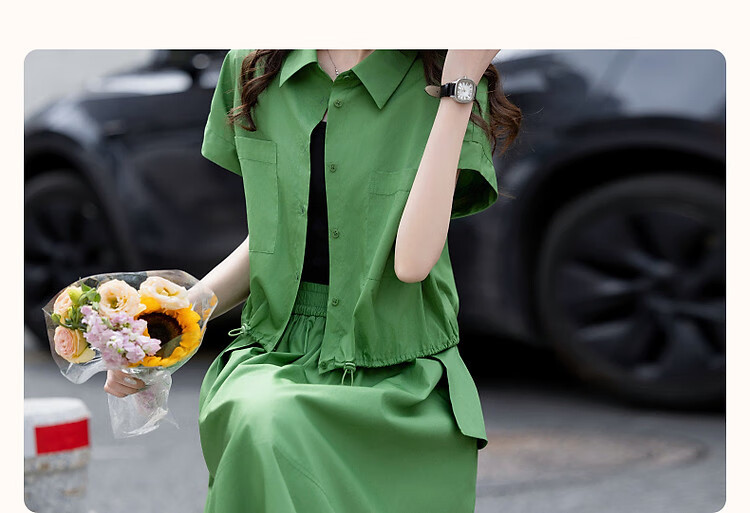 Demana 100% Cotton Poplin Set Summer Lapel Large Pocket Pigskin Button Top A-Line Skirt Two-Piece Set 2