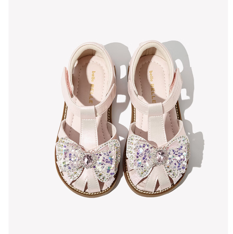 Belle Children's Shoes, Girls' Closed-Toe Sandals, Summer Kids' Crystal Princess Shoes, Baby Soft-Soled Walking Shoes, Pink, Size 30 8