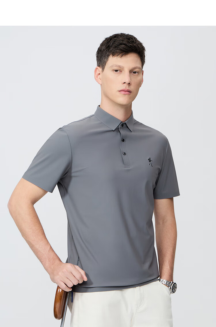 DANCING WOLVES [Quick-Dry Elastic] Summer Simple Casual Versatile Men's Short-Sleeve POLO, 211 Gray-Green, M(170) 12