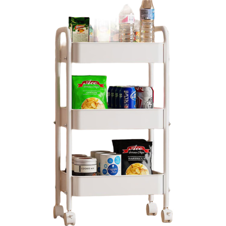 Shunyou Floor Storage Rack, Carbon Steel Shelving Unit, Mobile Kitchen Organizer, Three-Tier Trolley Cart, Pink, SY-1320