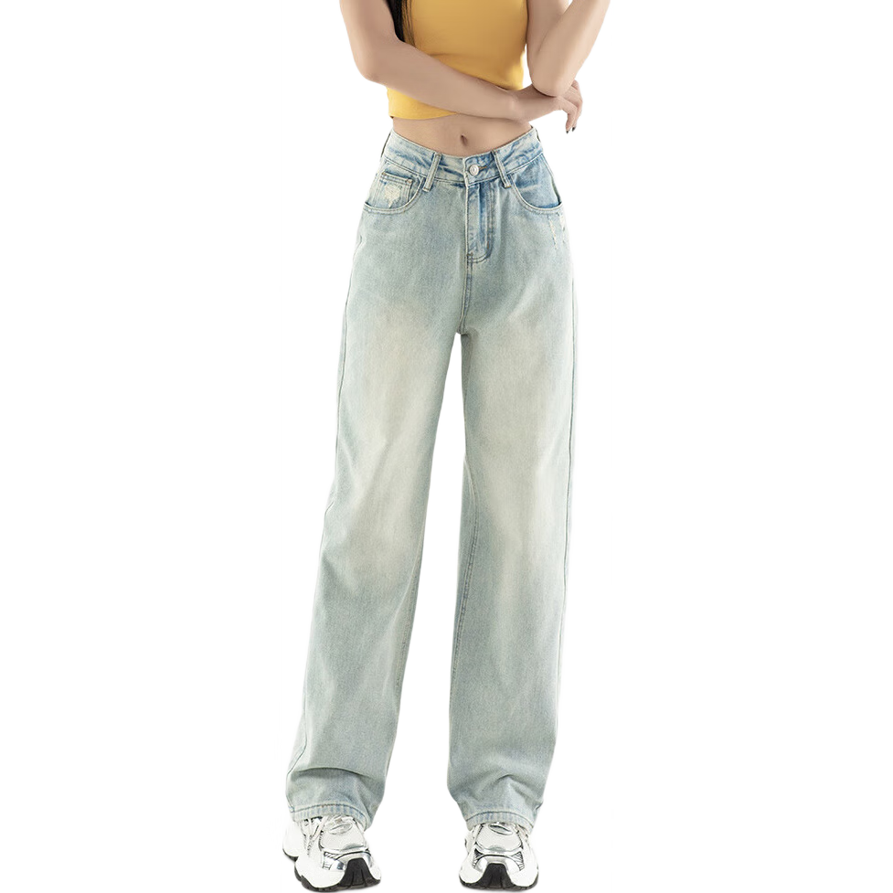 Jeanswest Women's Jeans, Summer 2026, Retro Style, High-Waisted Wide-Leg, Draping Fashion, Loose-Fitting Long Pants, Light Blue, Size M