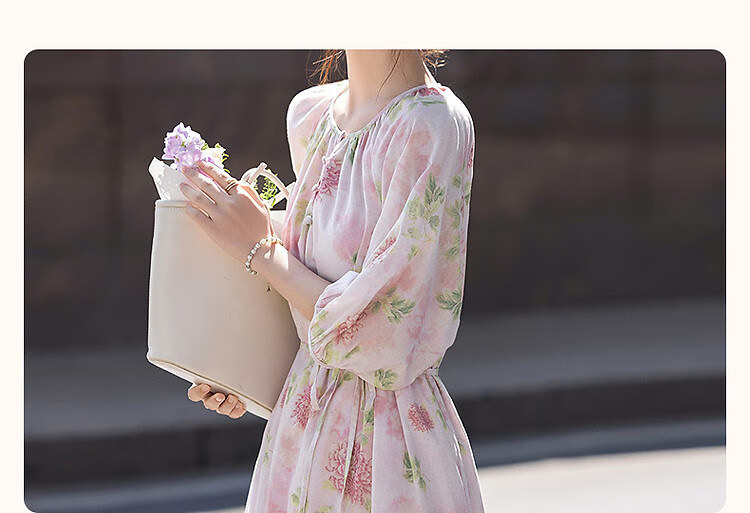 Dme [100% Cotton Bamboo Print] Summer French Romantic Floral Print Five-Quarter Sleeve A-Line Waist-Cinching Mid-Length Women's Dress 2