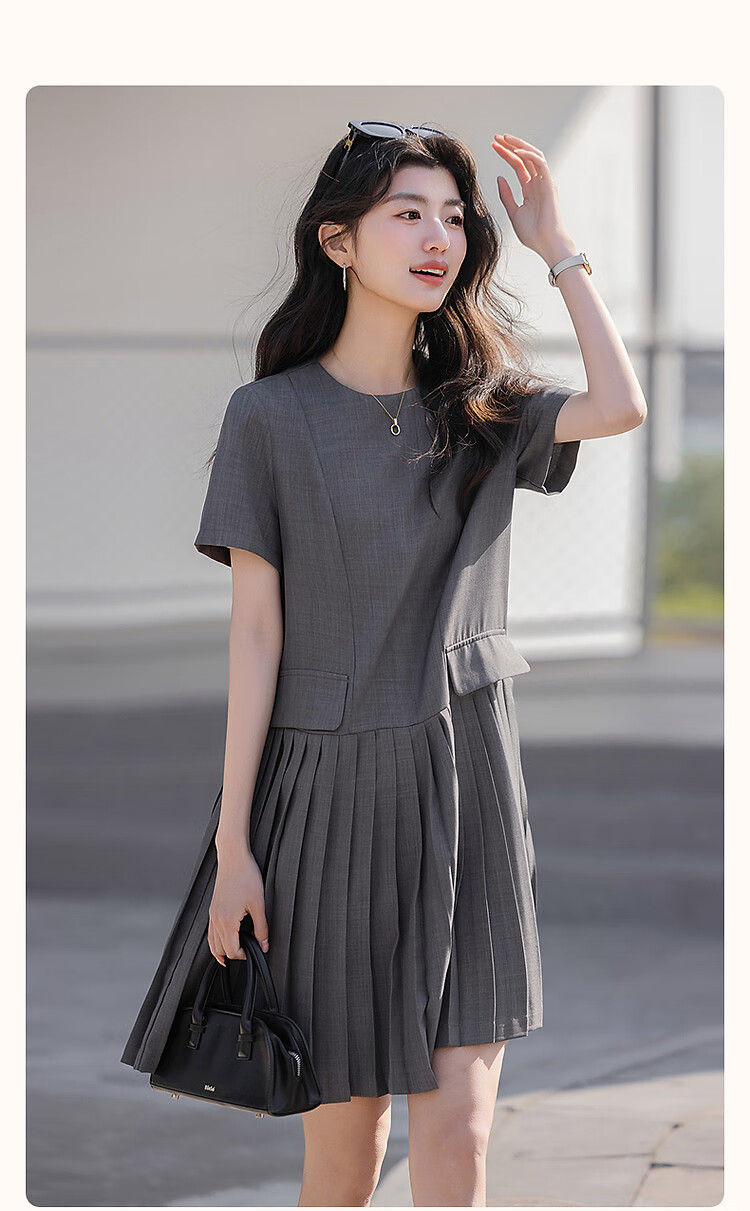 Demana [Private Style] Summer Round Neck Loose Waist Bag Cover Decorative Back Center Hidden Zipper A-Line Pleated Women's Dress 3