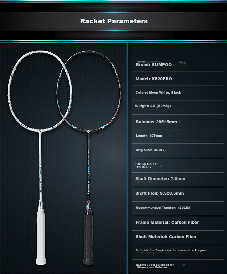 KUMPOO Badminton Racket Xunfeng K520pro, Full Carbon Ultra-Light, Beginner Single Racket, Moon White Pink String 5