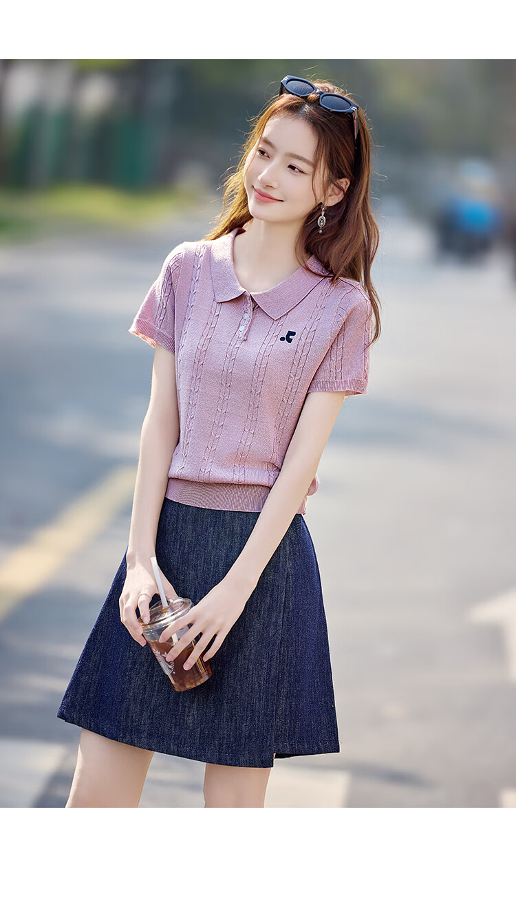Shangjing Women's Short Sleeve Knit Top Summer New Sweet Polo Collar Slim T-Shirt 10