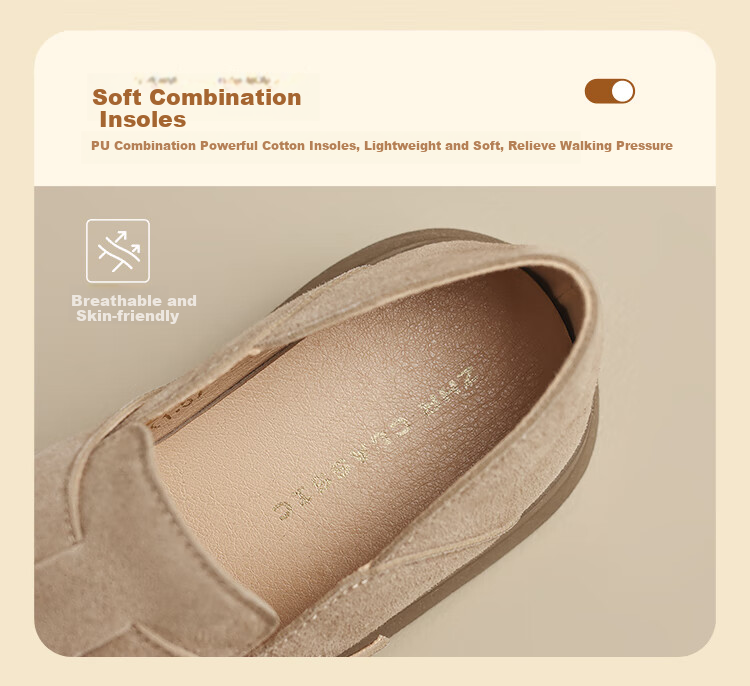 ZHR Thick-Soled Birkenstock-Style Shoes for Women, Retro Full-Coverage Round Toe Casual Women's Shoes, Lightweight Slip-On Flats JF202 Khaki 37 8