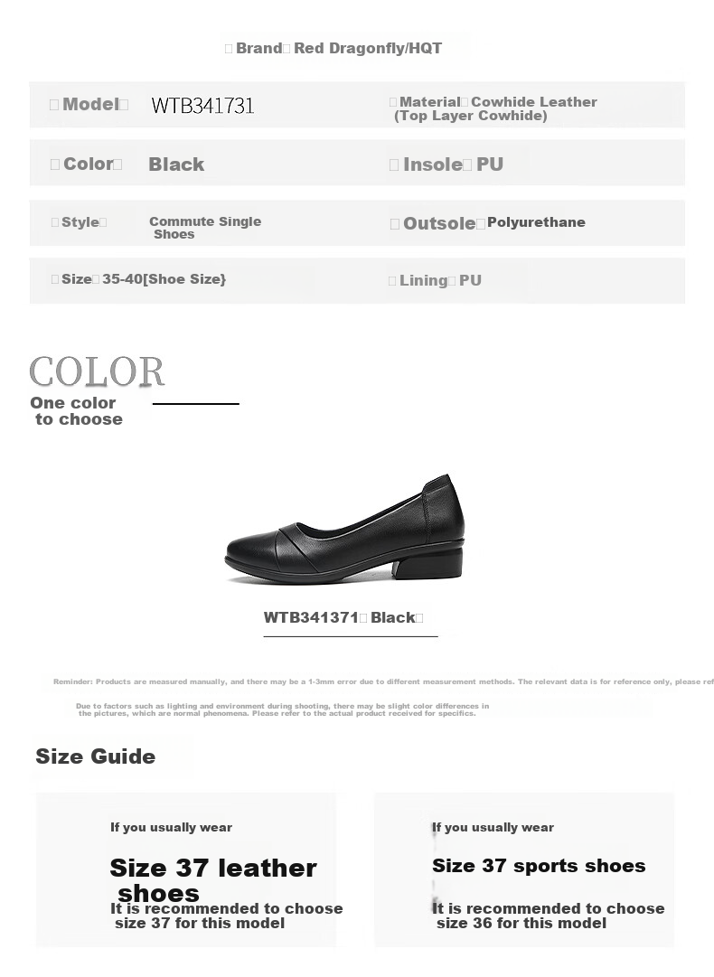 RED DRAGONFLY Soft Leather Mom Shoes, Flat Single Shoes for Women, Soft-Soled Commuter Leather Shoes, Women's Work Shoes, WTB341731, Black, Size 40 6