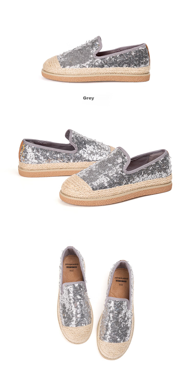 J&M Fisherman Shoes for Women, Spring And Summer Fashion Sequin Platform Slip-On Loafers, Gray, Size 38 13