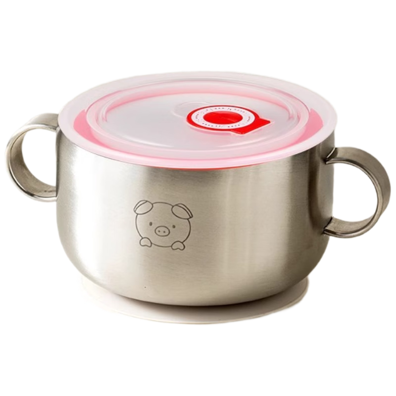 Onlycook 316L Stainless Steel Children's Food Bowl with Lid, Food-Grade Suction Bowl for Infants And Toddlers - Little Pig 350ml