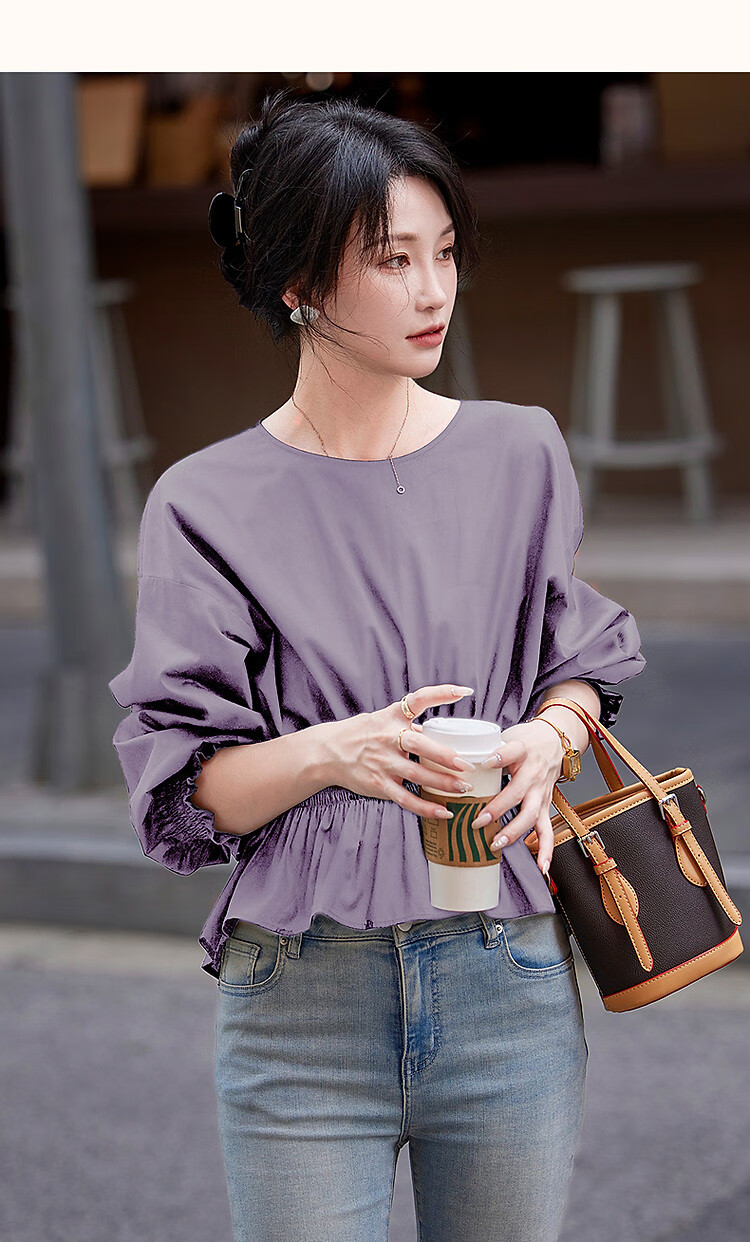 Dme [Will Breathe Cotton] Spring And Autumn French-Style Relaxed Round Neck Smock Waist-Cinching Drop Shoulder Slimming Shirt Women's Top 26