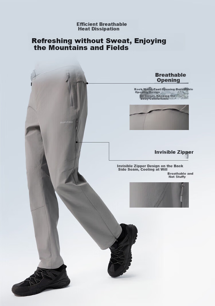 SURPINE Yueshan Series Lightweight Hiking Wear-Resistant Water-Repellent Breathable Soft Shell Pants for Men, Moon Stone Gray - Lightweight Version, Size M 9
