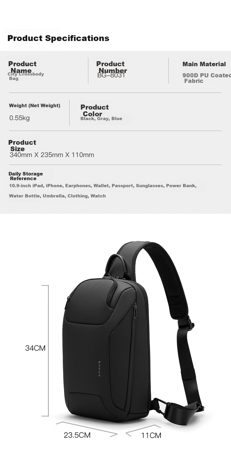 Bange Business Casual Chest Bag, Large Capacity Crossbody Bag, IPad Tablet Bag, Multifunctional Commuter Shoulder Bag for Men, 8031 Black 9