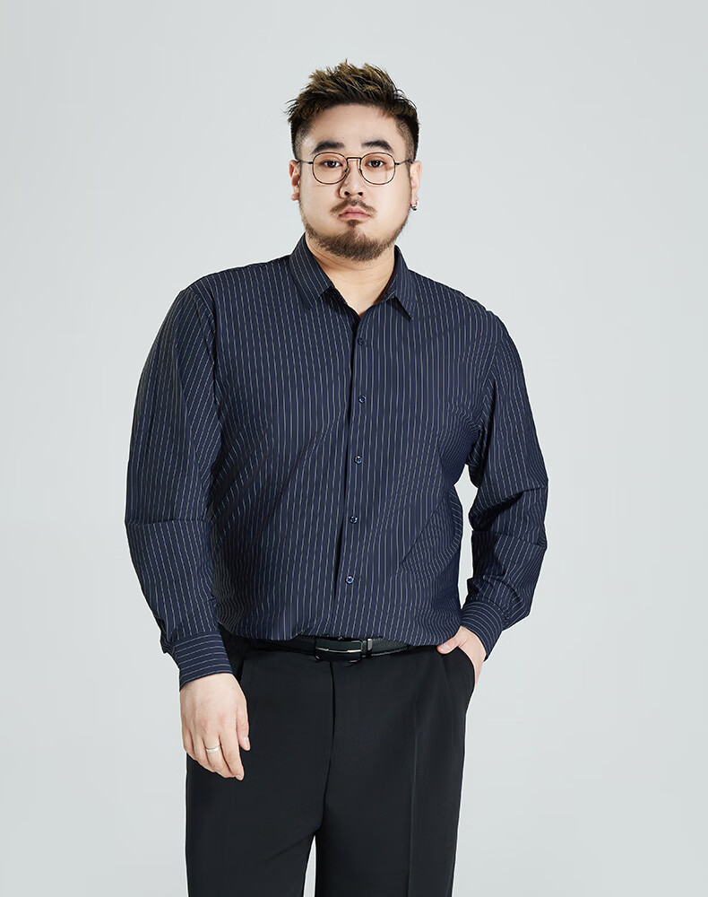 Ayoupang Summer Plus Size Pullover Striped Long-Sleeve Shirt, Loose Fit for Chubby Men, Ice Silk High-Elasticity Wrinkle-Resistant Non-Iron Shirt 13