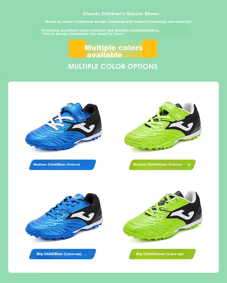 JOMA Velcro Children's Soccer Shoes with TF Turf Studs, Youth Elementary School Professional Competition Football Training Shoes, Blue And Black, Size 35 6