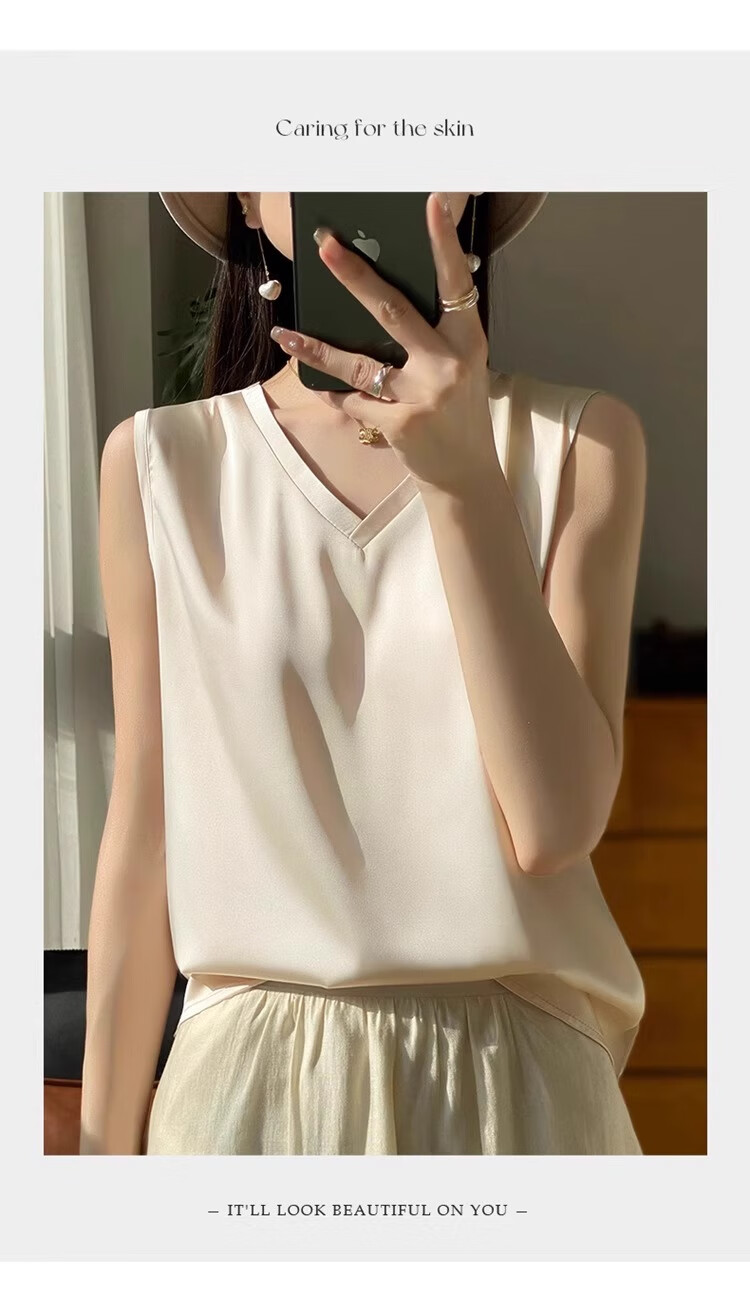 GUJIN Double V-Neck Premium Ice Silk Camisole Women's Innerwear Suit Base Layer Faux Silk Satin Tank Top Spring 6