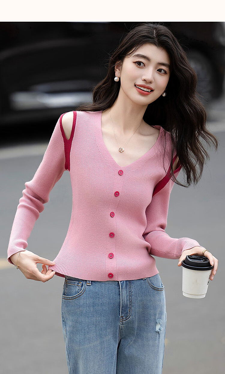 Dme [Soft Cloud Feel] Summer French Off-Shoulder V-Neck Sweater, Hollow-Out Contrasting Color Long-Sleeve Comfortable Knit Top for Wome 10