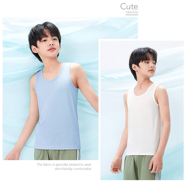 THREEGUN Kids Cooling Modal 3A Antibacterial Boys Girls Crew Neck Vest Sky Blue 150 28