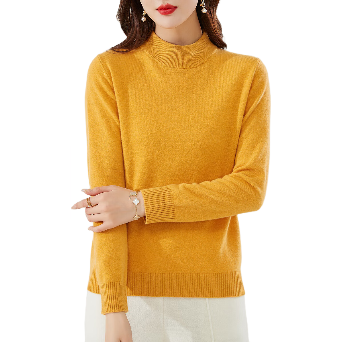 Golden Chrysanthemum 100% Wool Multi-Color Autumn Winter Warm Half Turtleneck Base Layer Sweater Women's Wool Knitwear
