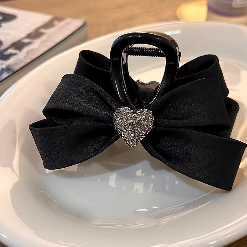 Huangjiama High-End Rhinestone Heart Bow Hair Clip for Women, Back of Head Shark Clip, High Ponytail Hairpi 3