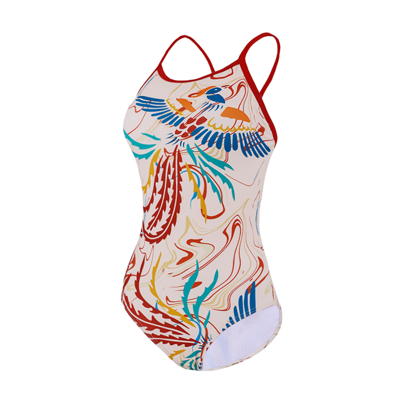 ZOKE Women's One-Piece Swimsuit, Triangle Training Competitive Slimming Tummy-Covering Fashion 125601138 Off-White Dark Red Blue Phoenix 2XL
