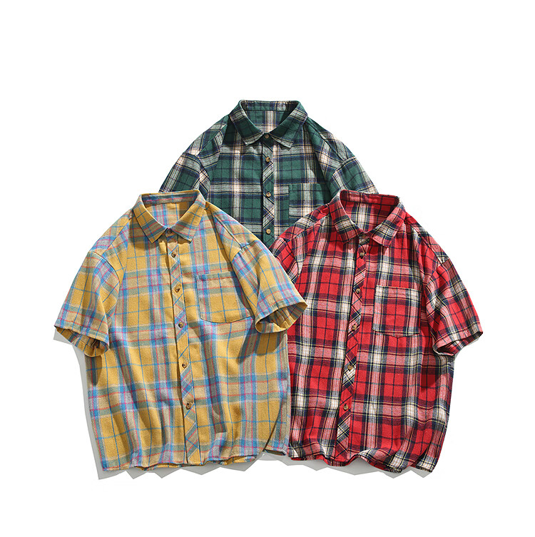 CLOR American Retro Lapel Plaid Shirt for Men, Spring And Summer Style, Loose Casual Trendy Short Sleeve CLCX05 Green 4XL 1