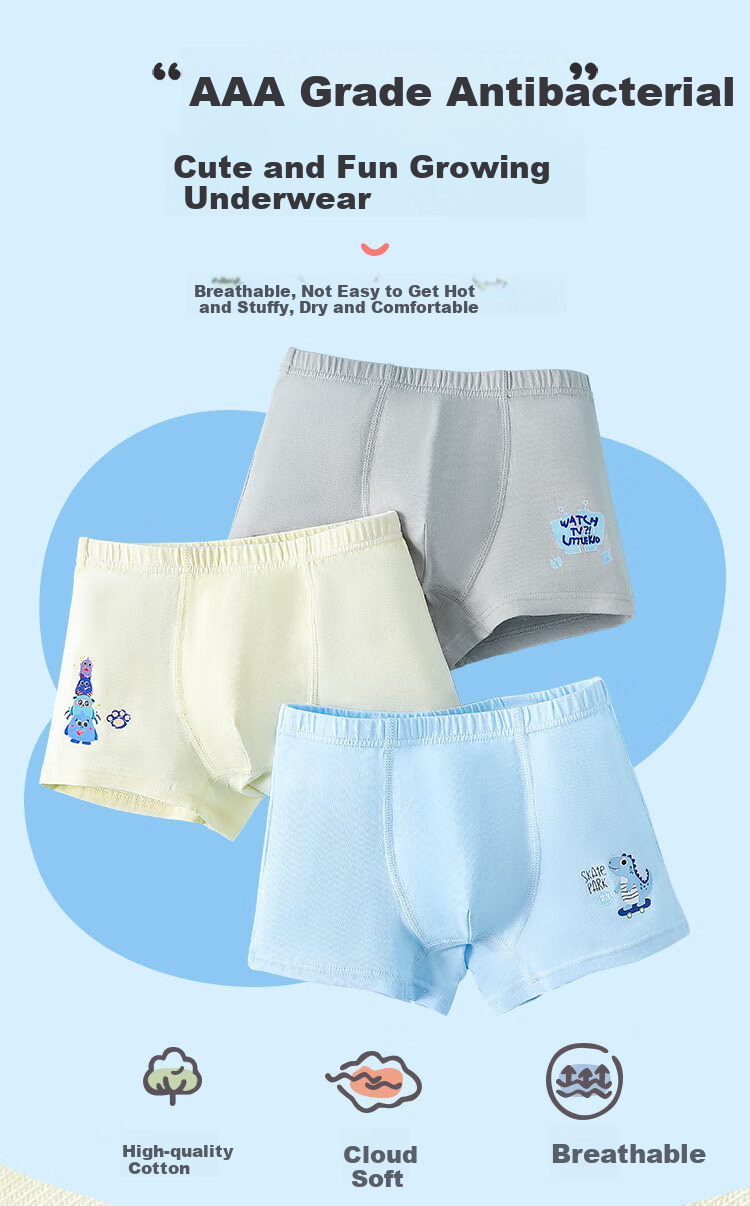 LangSha Children's Underwear, Boys' Class A Antibacterial Boxer Briefs, Boys' Shorts, Solid Color Cartoon, for Older Children, 3 Pairs, Size 130 1