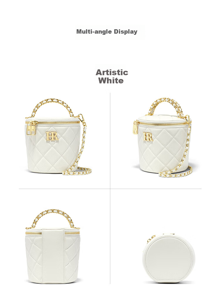 HR Women's Handbag, Top-Grain Leather Bucket Bag, Shoulder Crossbody Bag with Chain, Small Round Purse, Birthday Gift for Wome 13