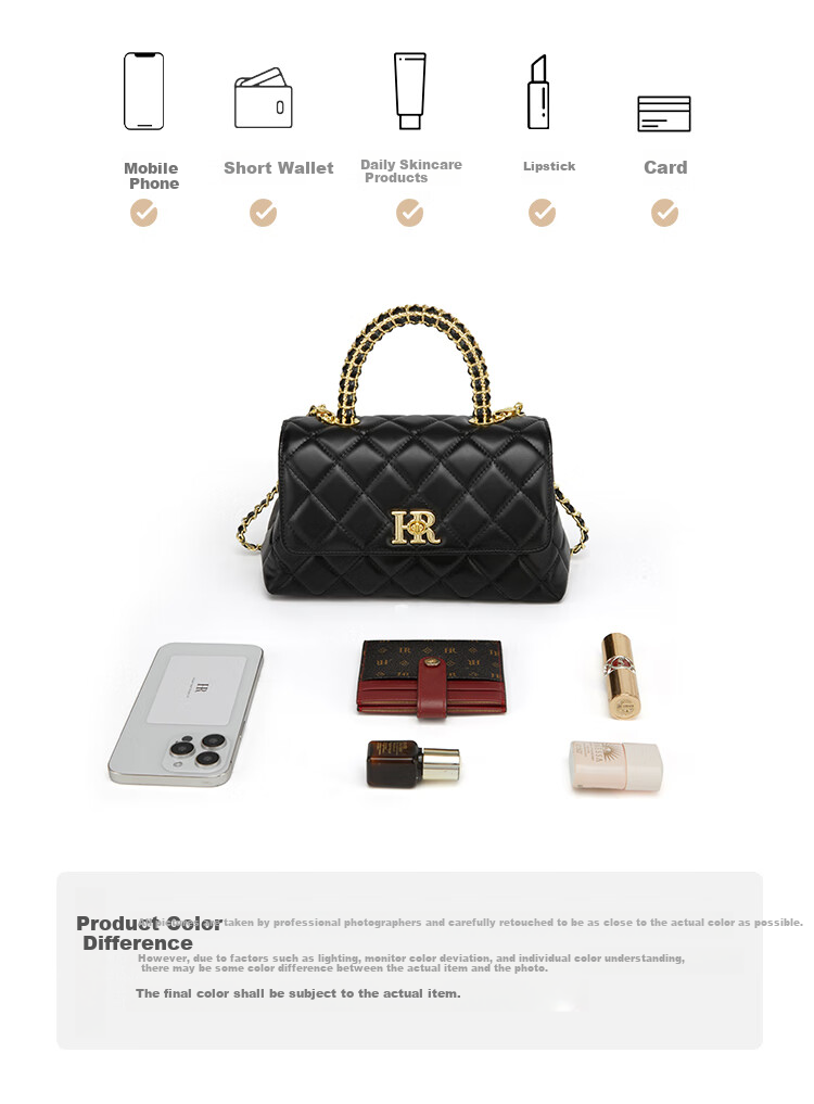 HR Women's Handbag, Top-Grain Leather Shoulder Crossbody Bag, Fashionable Diamond Pattern Tote Bag, Birthday Gift for Wome 15
