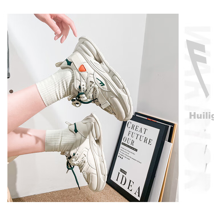 Huili Women's Thick-Soled Dad Shoes, Versatile Casual Shoes, Retro Sports Trendy Shoes, F546C, Beige/green, Size 37 10