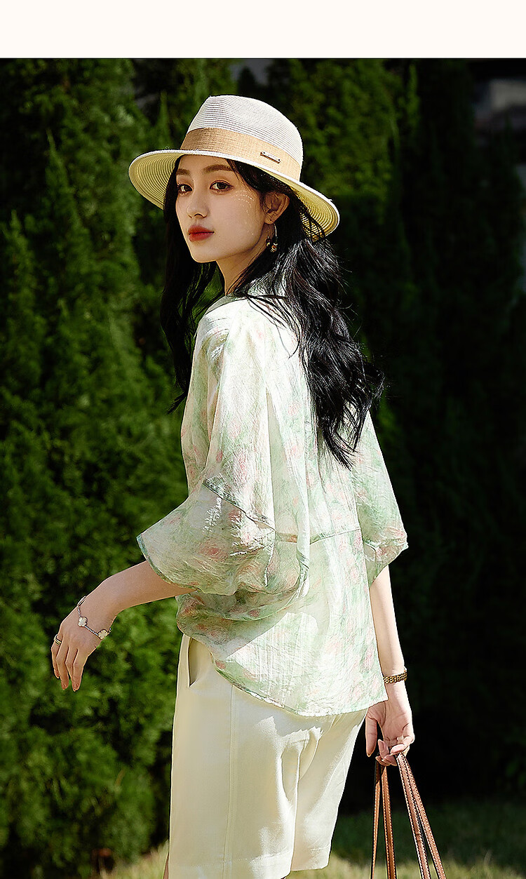 Dme [Bolimamanbo] Summer Flowy Cloud Brocade Thick-Printed Shirt, Stylish Divided Mid-Sleeve Blouse, Women's Top 12