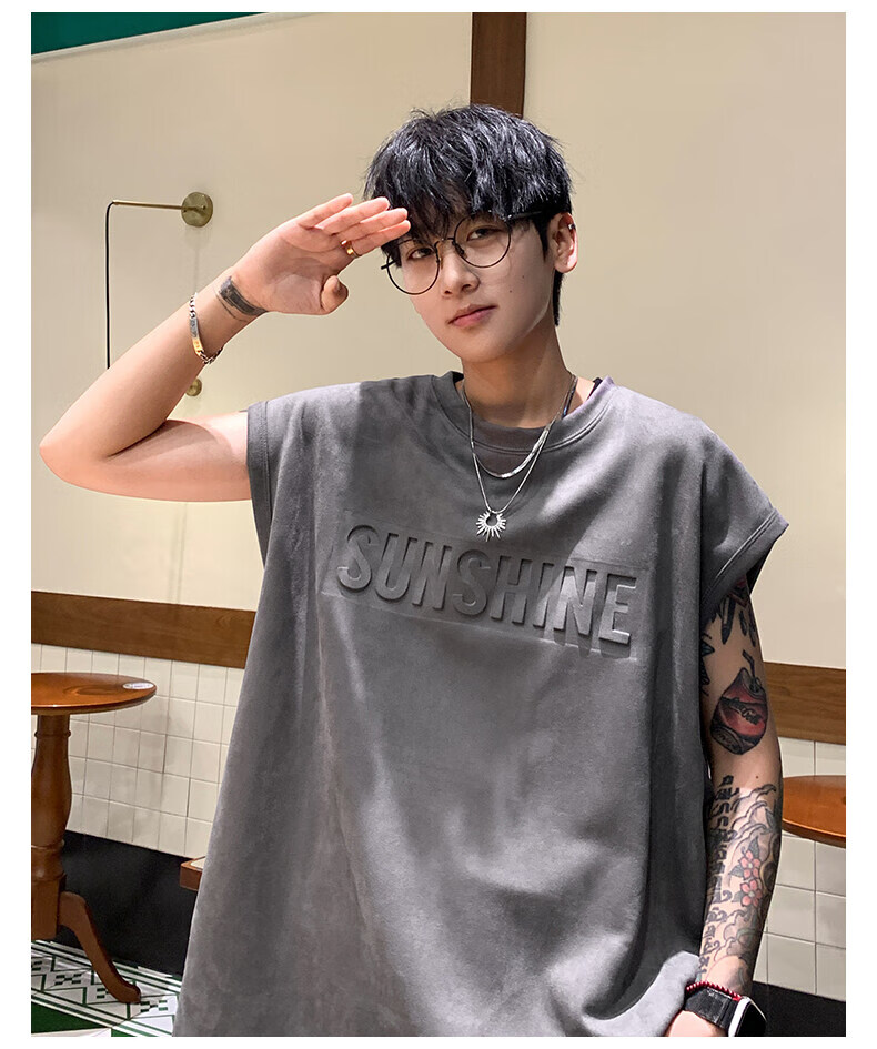 Zofili Men's Summer Letter Steel Stamp Loose Casual Versatile Sleeveless T-Shirt Youth Trendy Sports Vest Tank Top 17