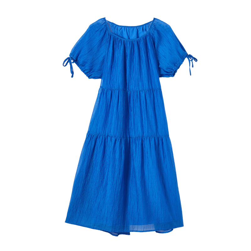 Dme Relaxed Fit Round Neck Long Dress Summer Vacation Fabric Textured Sleeve Cuff Drawstring Design Dress