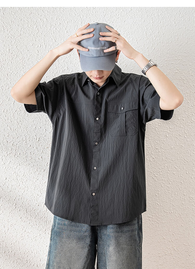 TonLion 2025 Summer Men's Lapel Front Chest Single Pocket Split Short-Sleeve Shirt 5