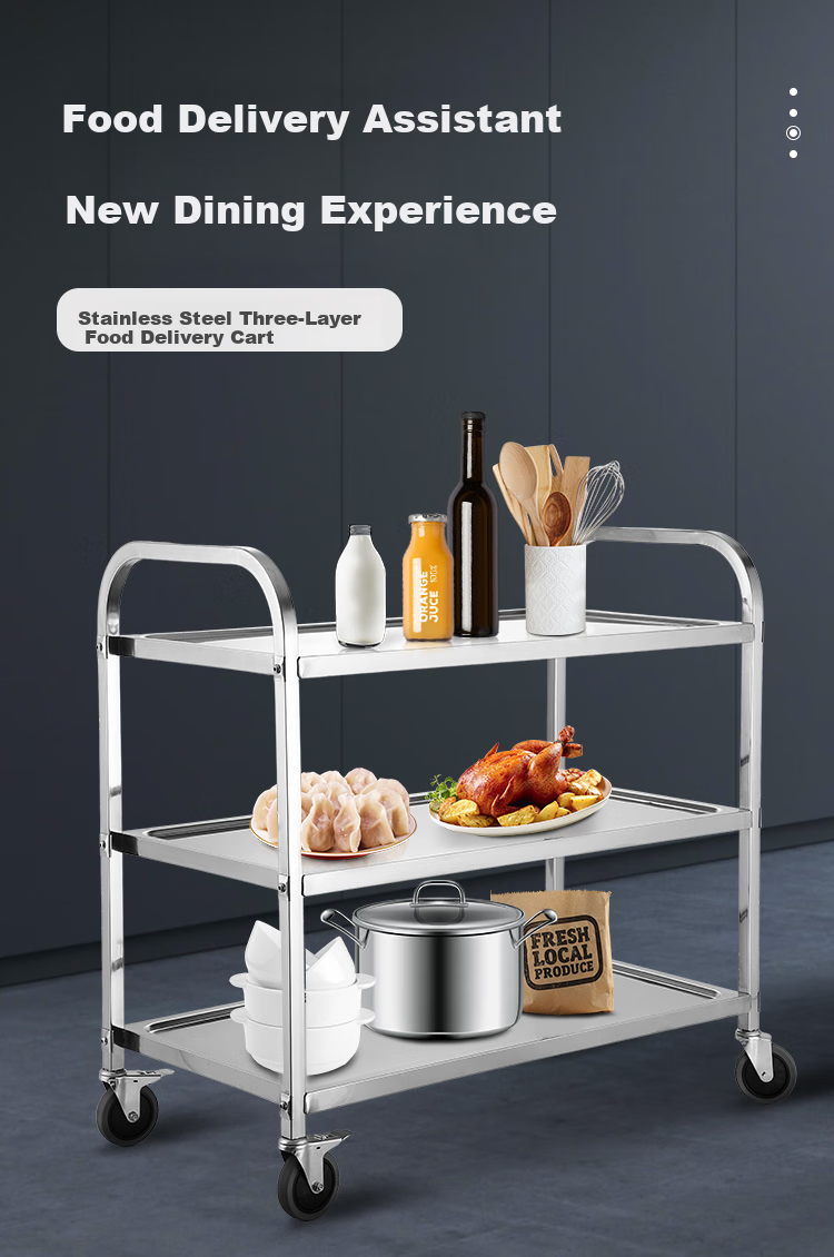 Ourunzhe Stainless Steel Mobile Food Delivery Cart, Push-Pull Serving Cart for Hotels And Restaurants, Beverage Trolley, Large Size 95*50*92.8cm 1