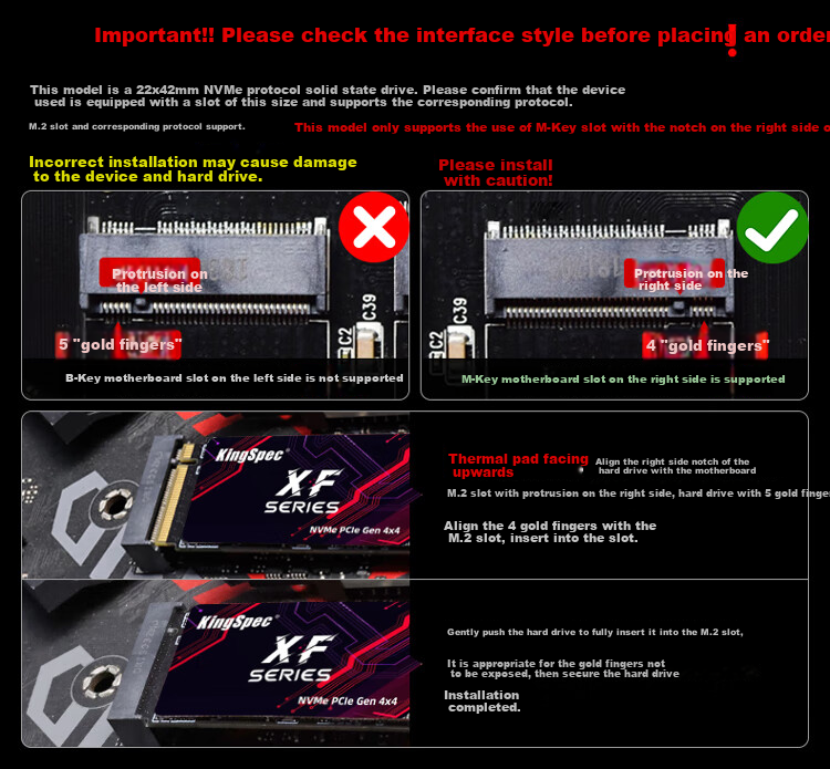 KingSpec 1TB SSD NVMe 2242 M.2 Interface, Selected TLC NAND, PCIe 4.0, Read Speed 4800MB/s, AI PC Storage Accessory 1