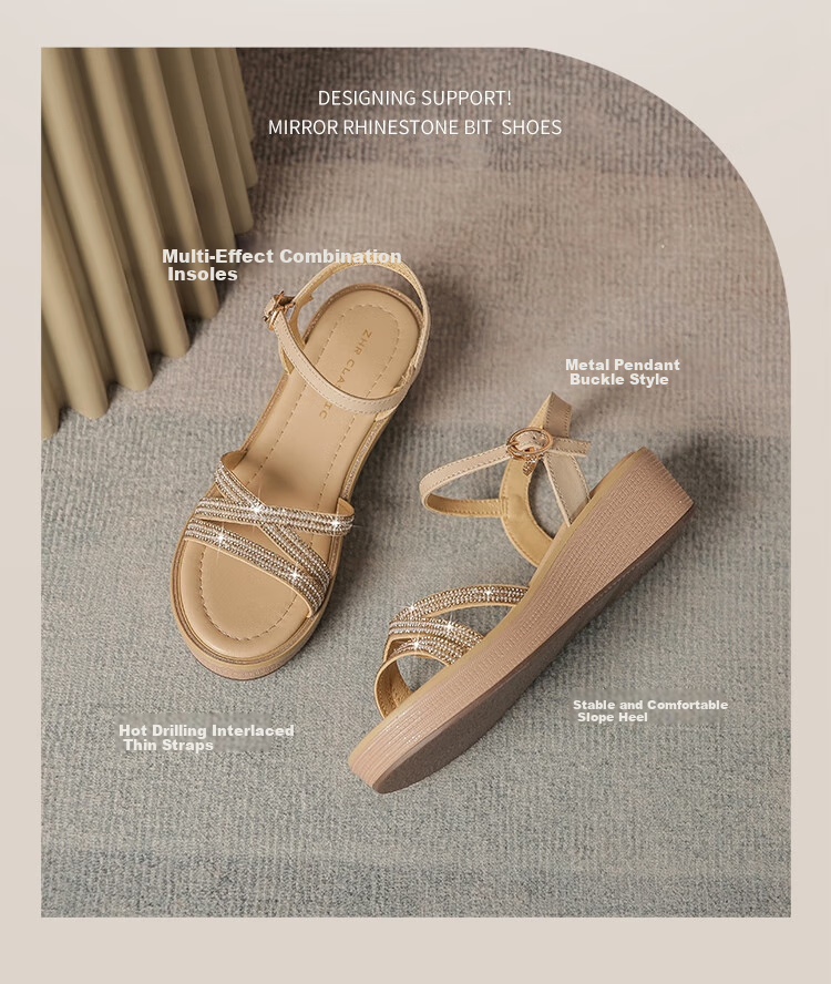ZHR Women's Shoes, Summer Wedge Versatile Sandals, Fashionable Rhinestone Platform Slimming Beach Shoes for Women, AY161, Apricot Color, Size 35 3