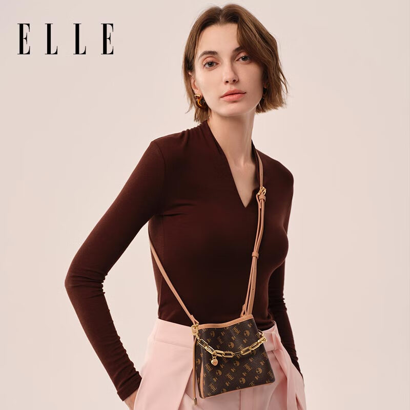 ELLE Women's Handbag New Style, Floral Chain Bucket Bag, Lucky Money Bag, Key Crossbody Bag, Birthday Gift, 24449 Brow